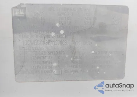 2011 Chevrolet Express 2500 Work Van z USA, uszkodzony, nr VIN 1GCWGGCA3B1127003